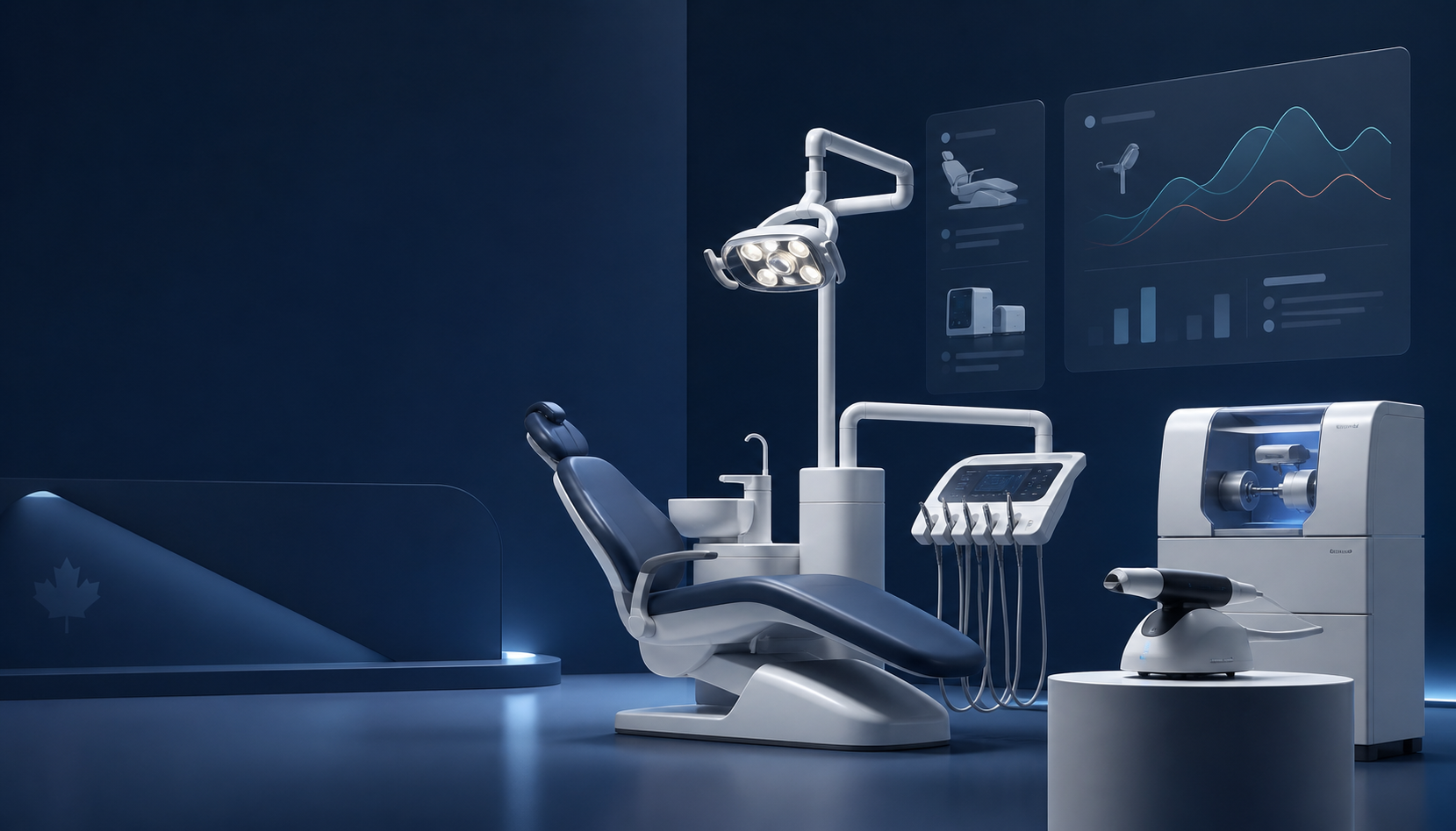 Modern dental treatment chair, imaging and milling equipment represented in a comparison workspace